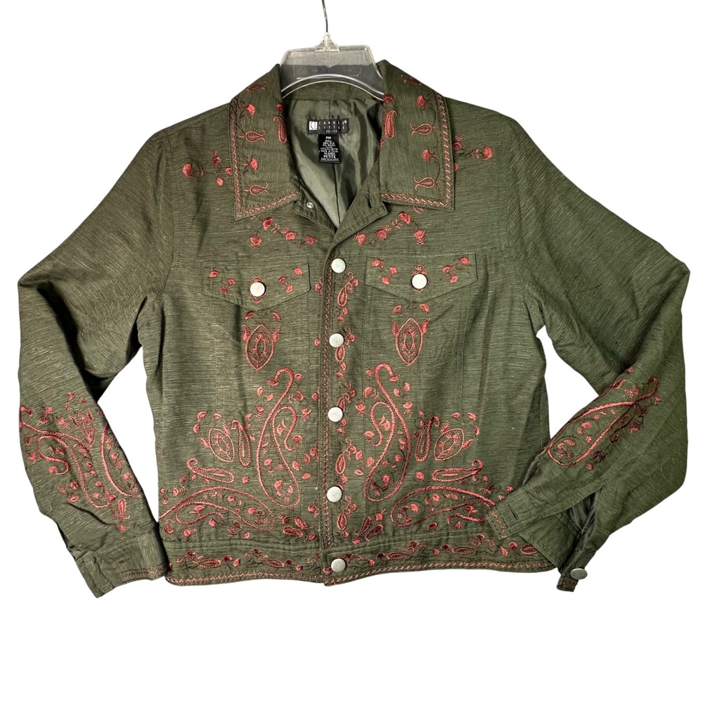 Carole Little Silk Embroidered Paisley Jacket Boho Cottagecore PM Olive Green